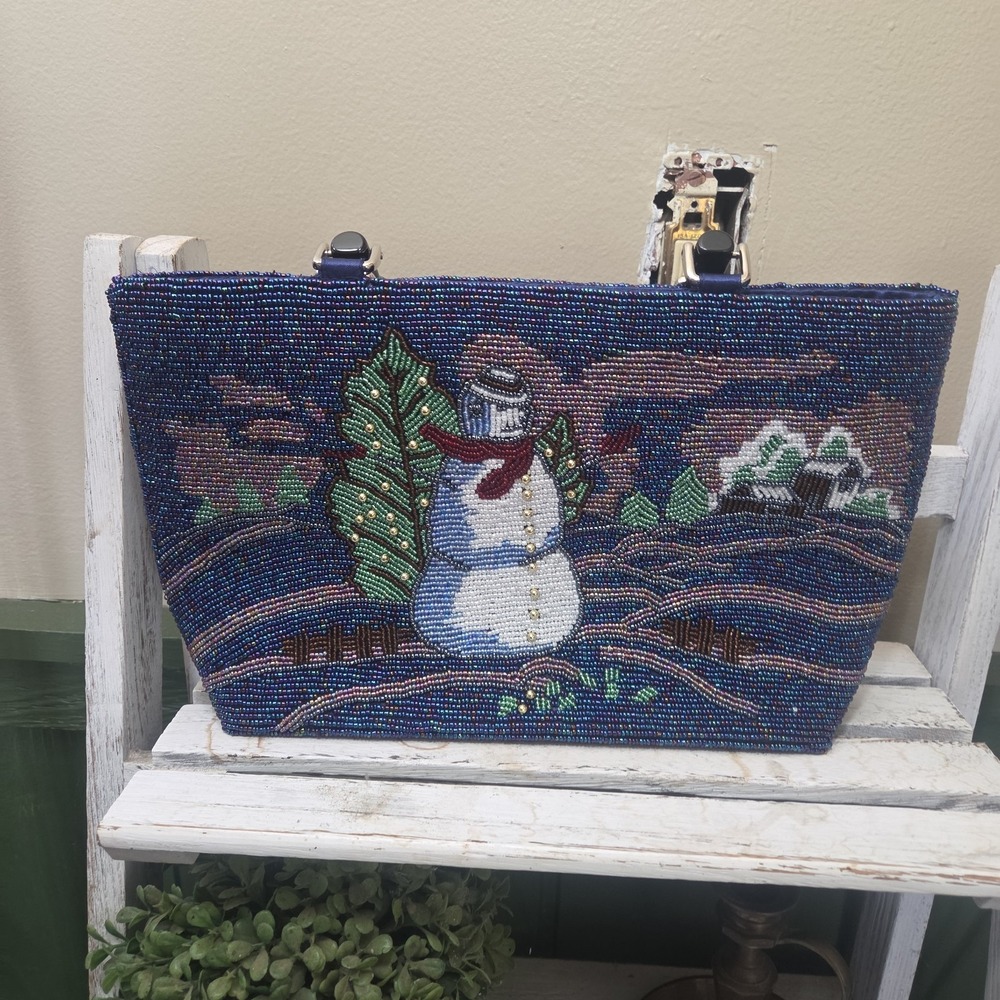 Snowman Beaded Christmas Holiday Tote Purse Bag Black Plastic Handles